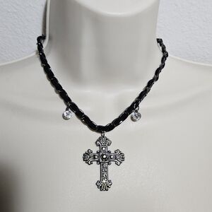 Black Chain Necklace with Rhinestone Cross Pendant